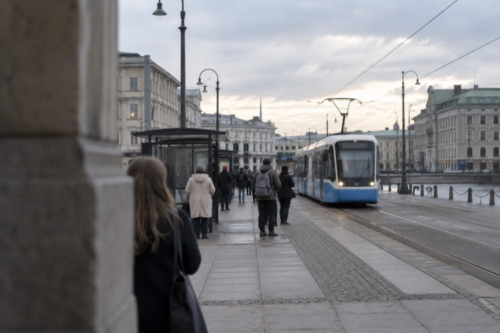 A Gothenburg tram stop with a blue tram approaching, passengers waiting under a grey sky beside stone buildings
