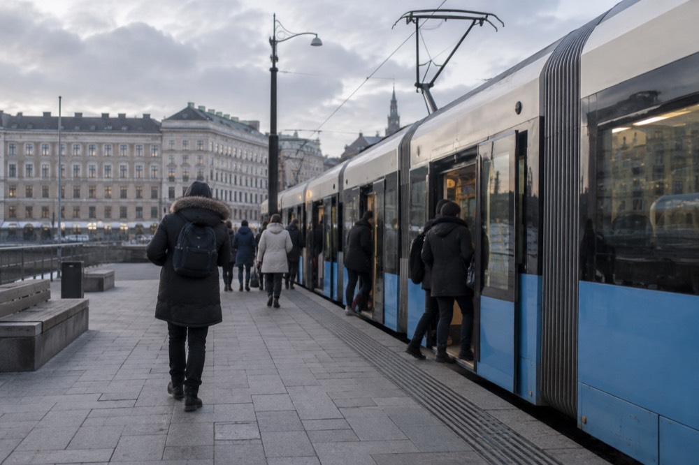 Passengers boarding a Gothenburg tram through open middle doors at a platform stop