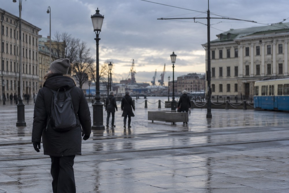 Gothenburg rooftops and harbour cranes under low winter light at midday