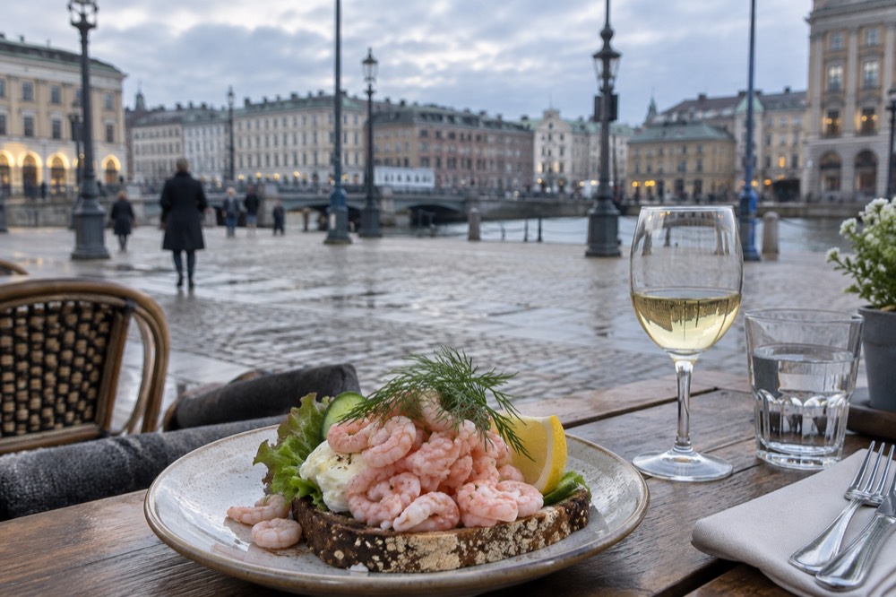 A plate of peeled cold-water shrimp on buttered bread with lemon, on a wooden restaurant table