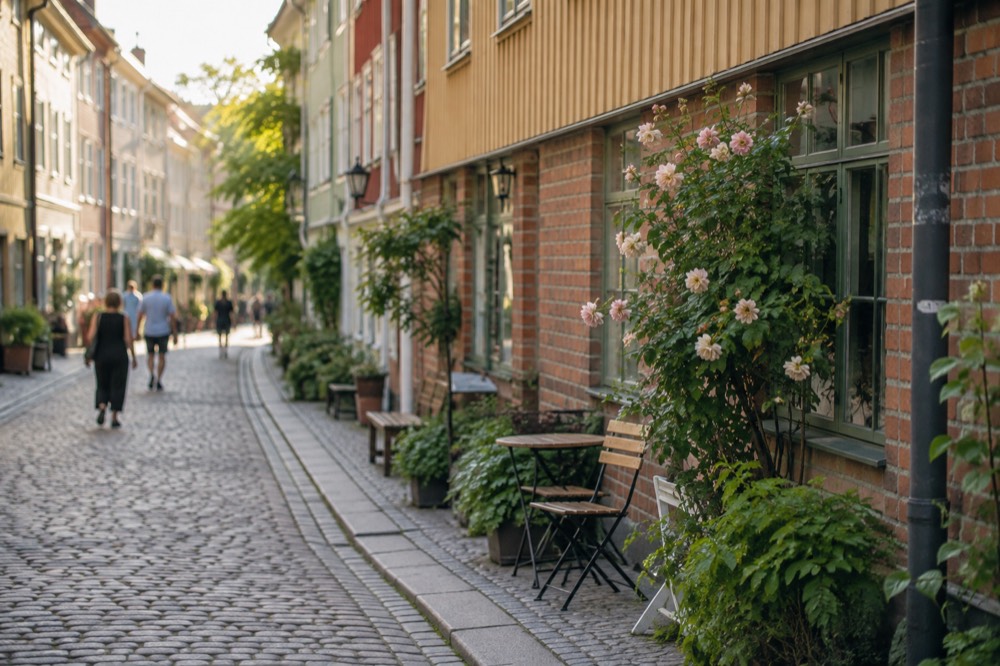 Painted wooden houses on a cobblestone street in the Haga quarter of Gothenburg