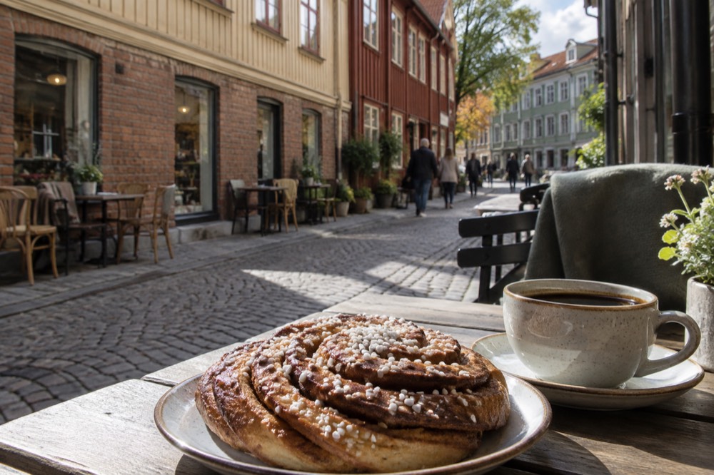 A large cinnamon bun on a plate beside a cup of coffee in a Haga cafe