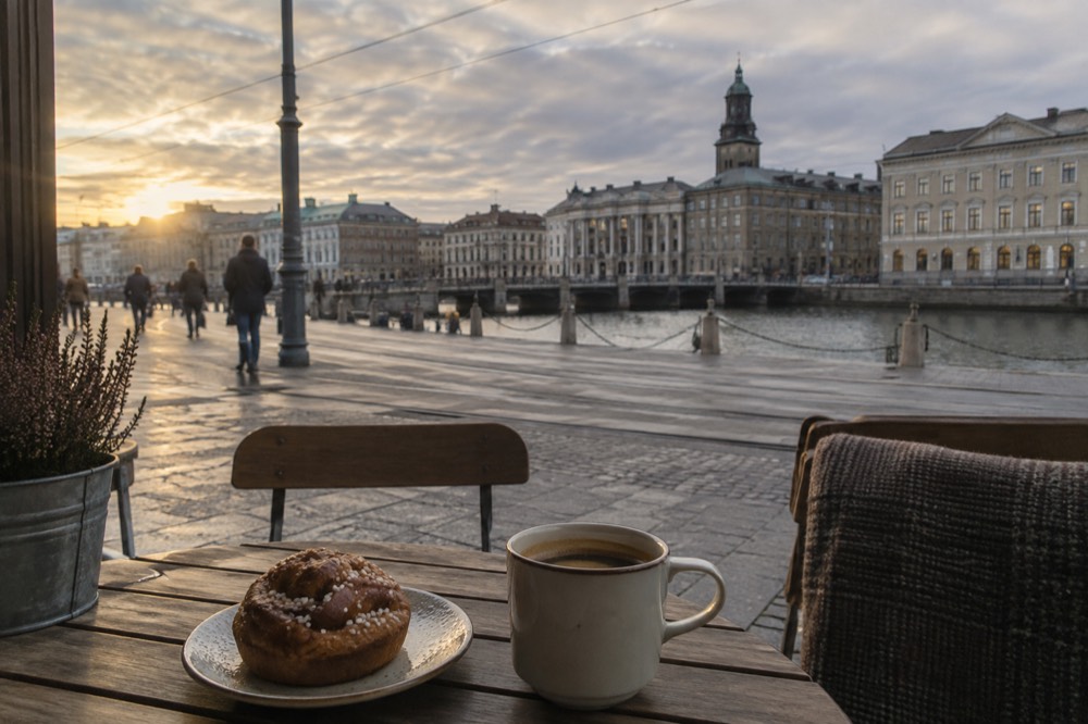 A cinnamon bun and a cup of coffee on a small cafe table in a wooden Gothenburg cafe