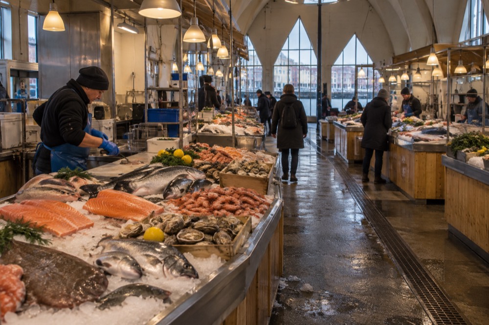 Fish market hall interior with wooden counters and fresh seafood displays