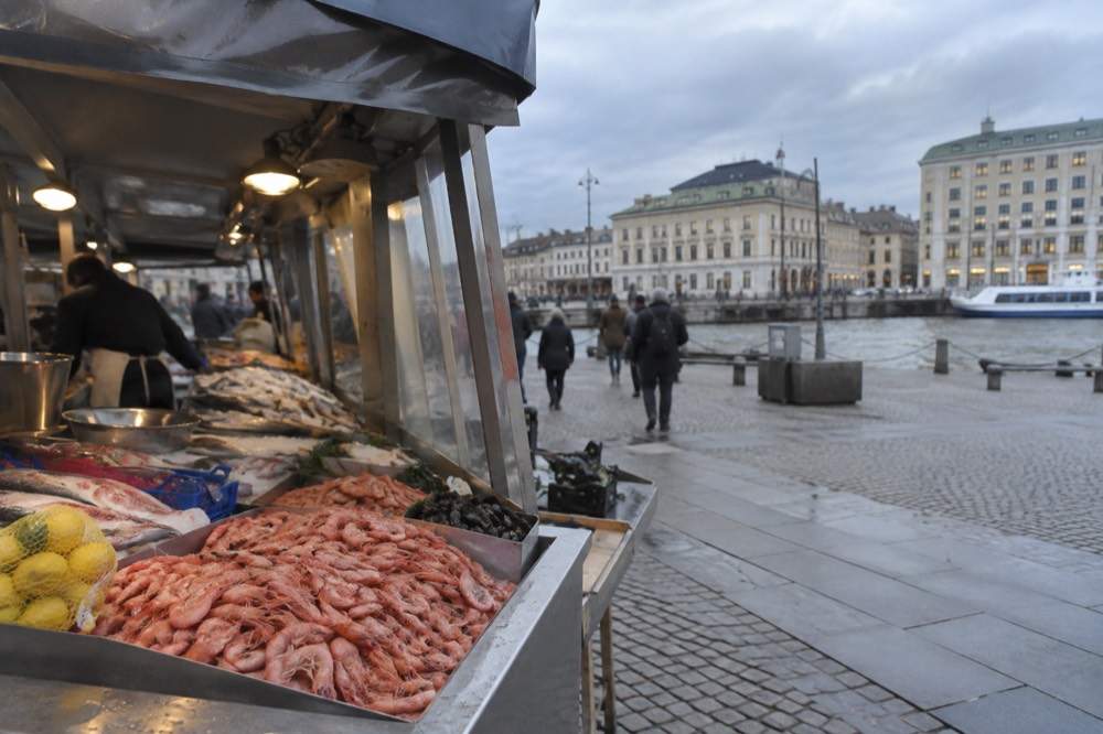 Fresh shrimp and seafood on a counter in a Gothenburg market hall
