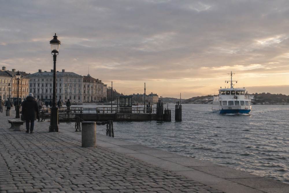 Ferry approaching a car-free island quay in the Gothenburg southern archipelago