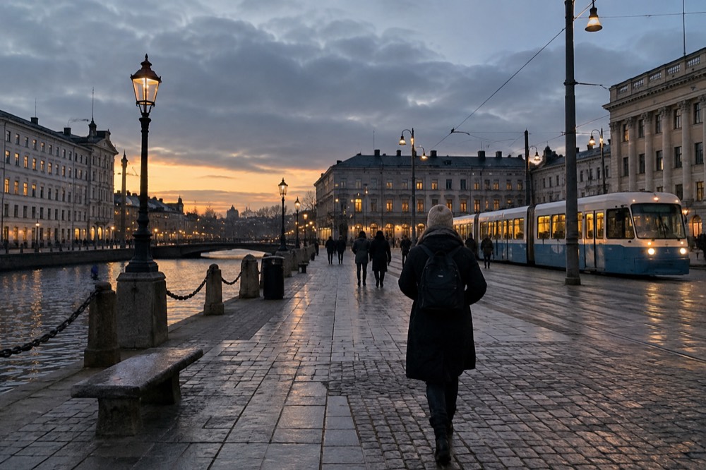 A Gothenburg street at dusk in December with lit shop windows and a tram passing