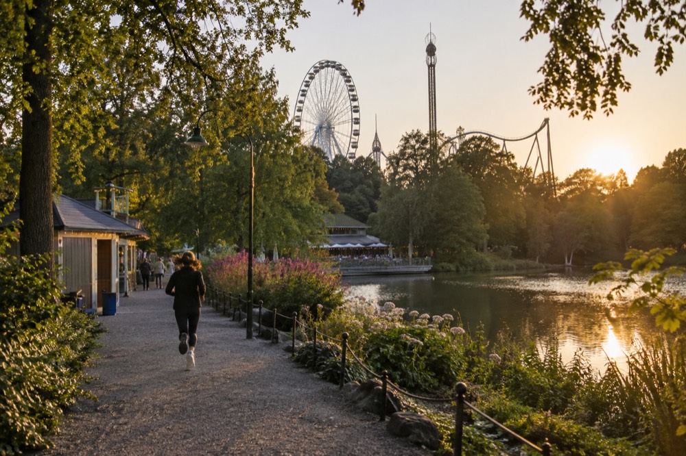 Ferris wheel and amusement park rides rising above the treeline of a Scandinavian city at dusk