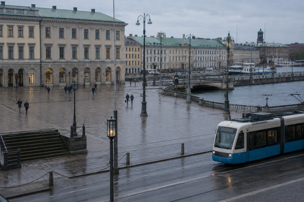 A Swedish express train waiting at a platform beside Gothenburg Centralstation on a bright morning