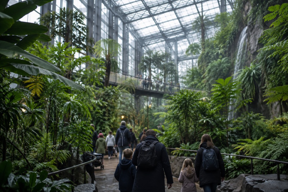 Families with children walking through a glass-roofed tropical rainforest hall inside a science museum