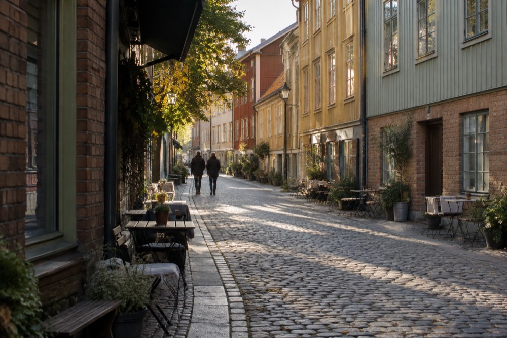 A quiet cobbled street in the Haga district of Gothenburg with painted wooden houses