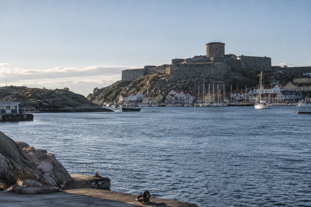 Carlsten Fortress on the rocky summit of Marstrand island seen from the harbour strait