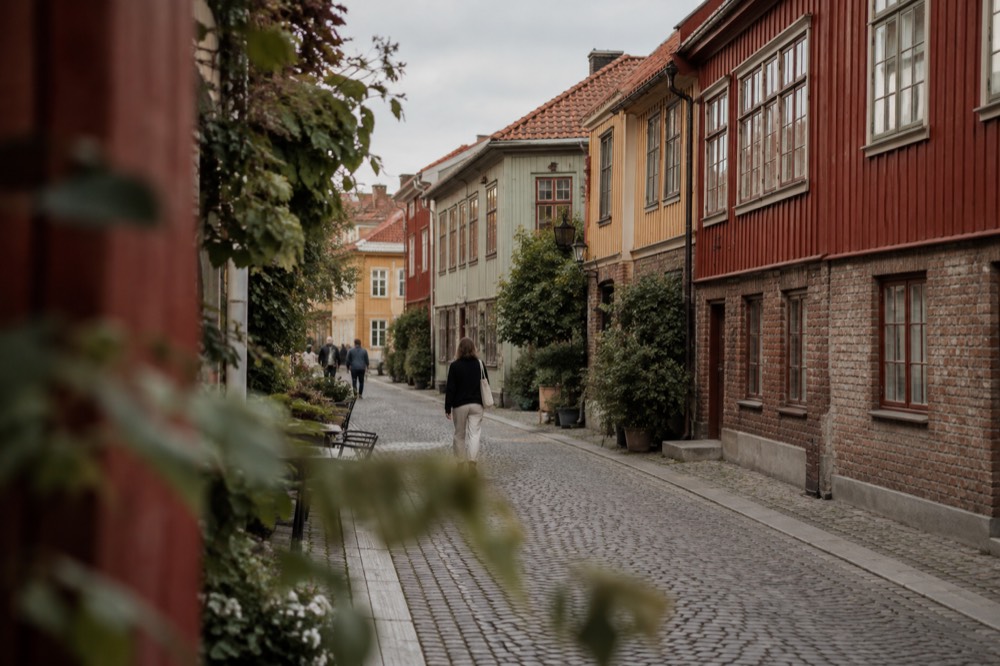Red wooden houses along a cobbled street in Gothenburg's Haga quarter under a grey Nordic sky