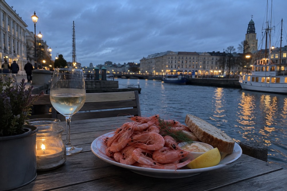 A plate of cold-water shrimp and bread on a wooden table beside a Gothenburg harbour