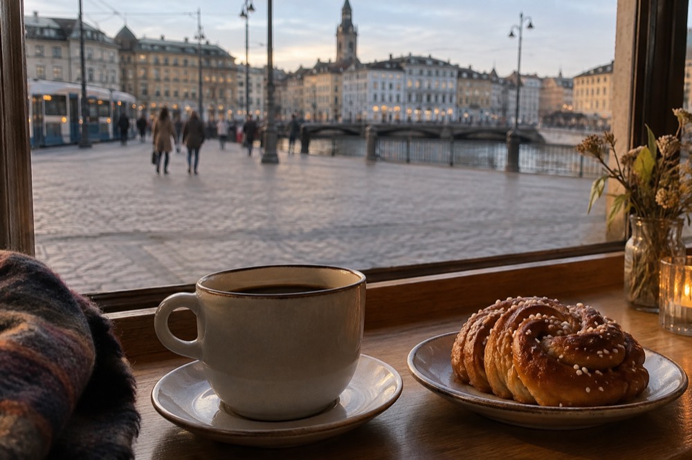 Cinnamon buns and coffee on a wooden counter in a Gothenburg café