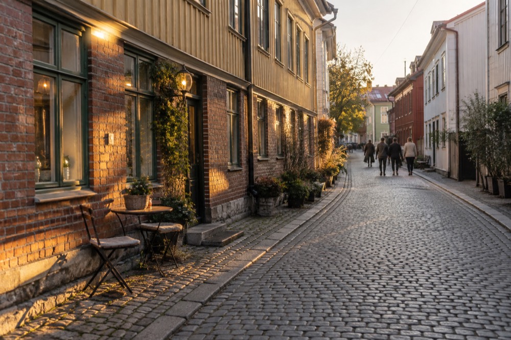 Cobbled street in Haga lined with painted wooden houses and small shopfronts