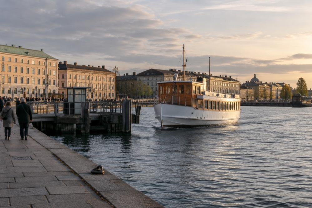 A wooden archipelago ferry approaching a car-free island dock in calm September water