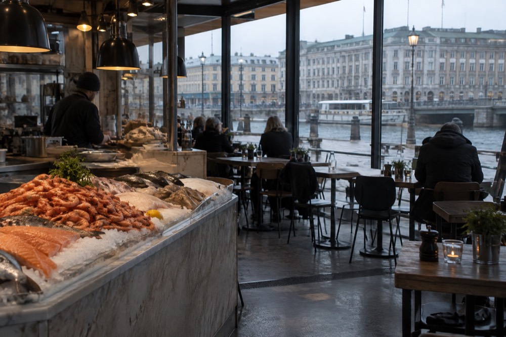 Interior of a fish market food hall with a fish counter displaying shrimp and salmon, and tables for eating