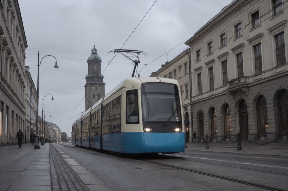 A tram moving down a Gothenburg street with stone buildings on either side