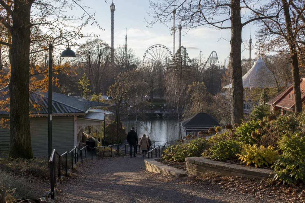 Ferris wheel and amusement rides rising above the tree line of Liseberg park in Gothenburg