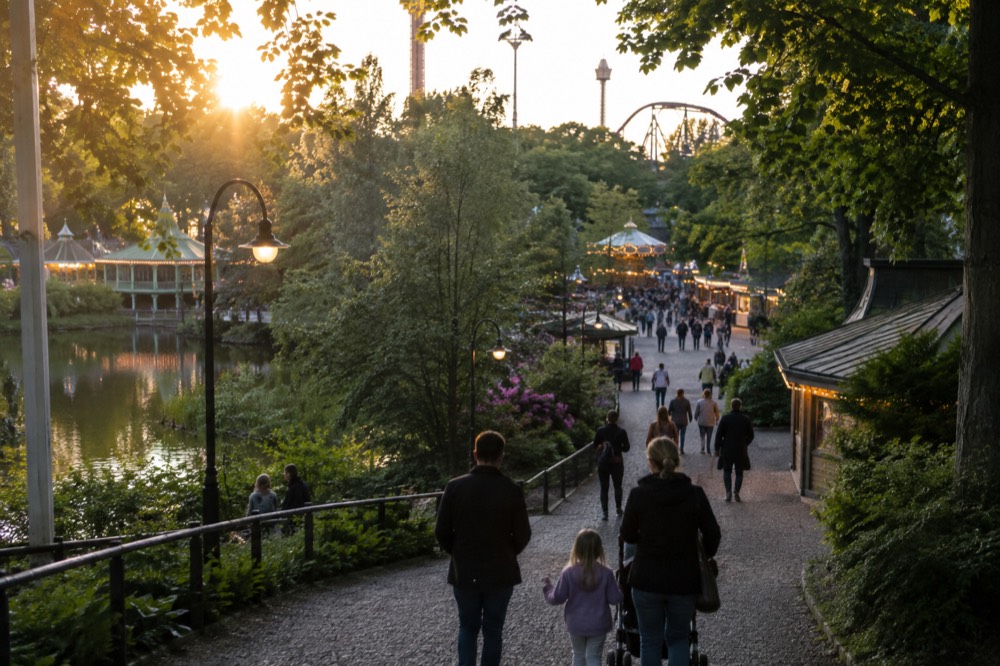 Families walking down a lit promenade of food stalls and ride entrances inside an amusement park