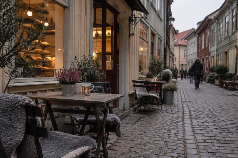 Café tables and chairs on a cobbled street outside a wooden-fronted bakery in the Haga district