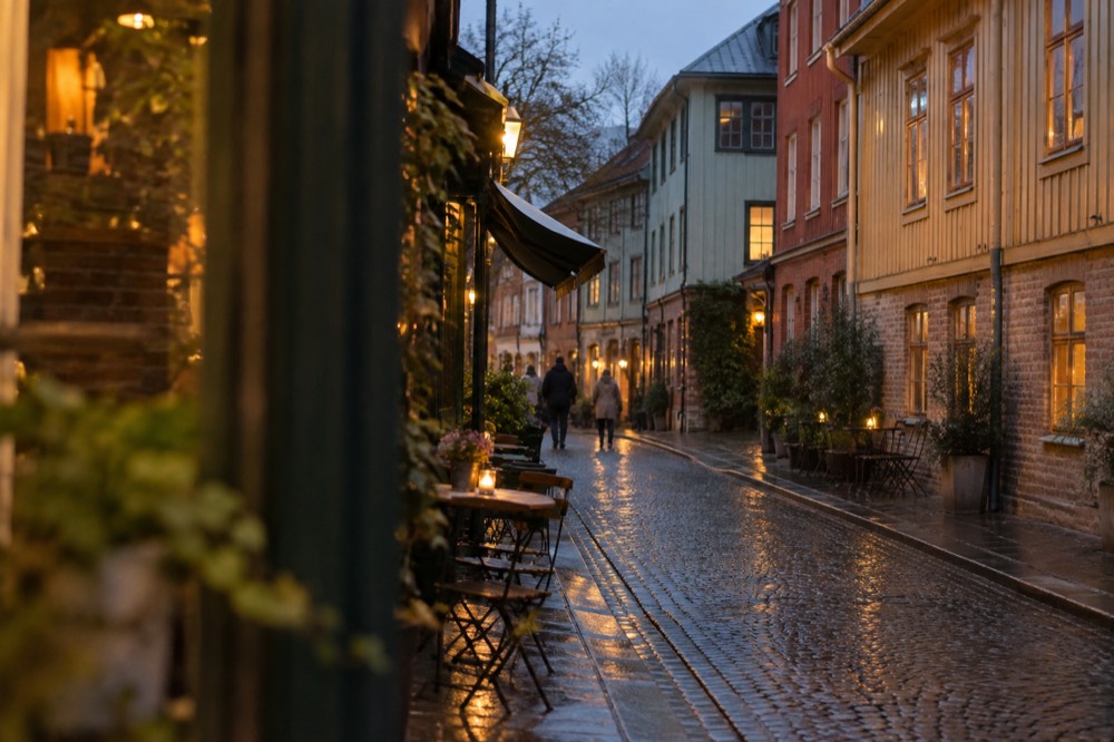 Rain-slicked cobbles and painted wooden houses in Haga under an overcast sky