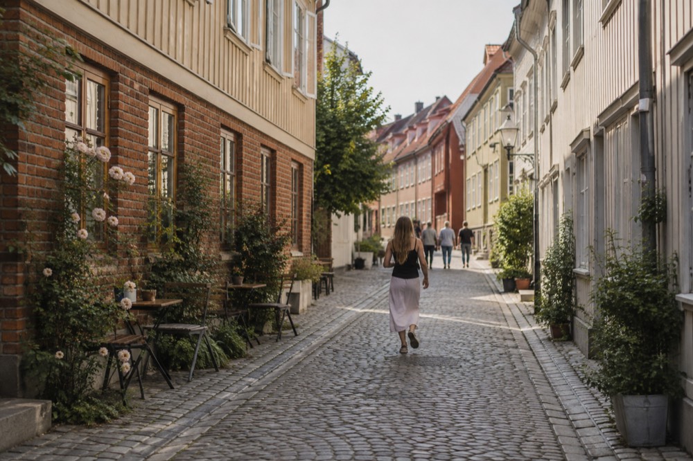 Cobbled street in Haga lined with low painted wooden houses and shopfronts