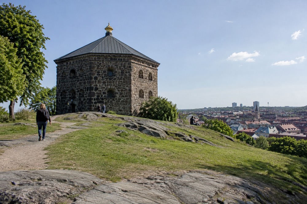 Stone hilltop fort of Skansen Kronan above the wooden rooftops of Haga