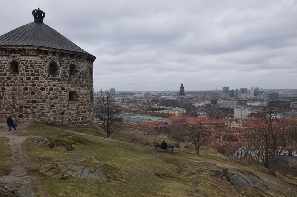 View from Skansen Kronan hill over Haga's rooftops toward central Gothenburg