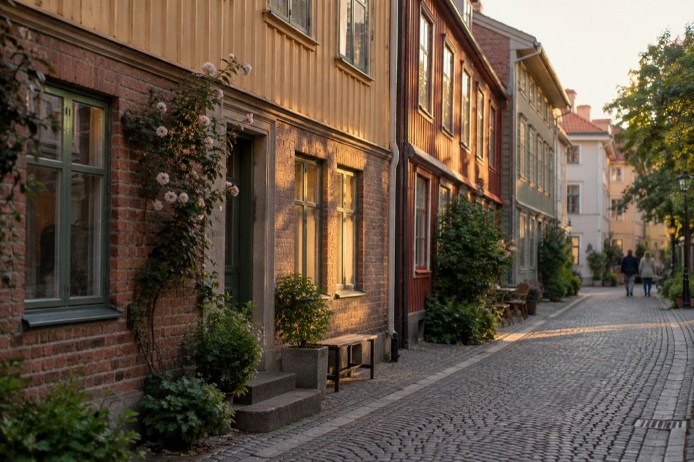 Painted wooden façade with restored sash windows on a side lane in Haga