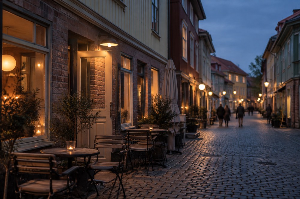 Evening light on the cobbles of Haga Nygata with cafés closing for the day