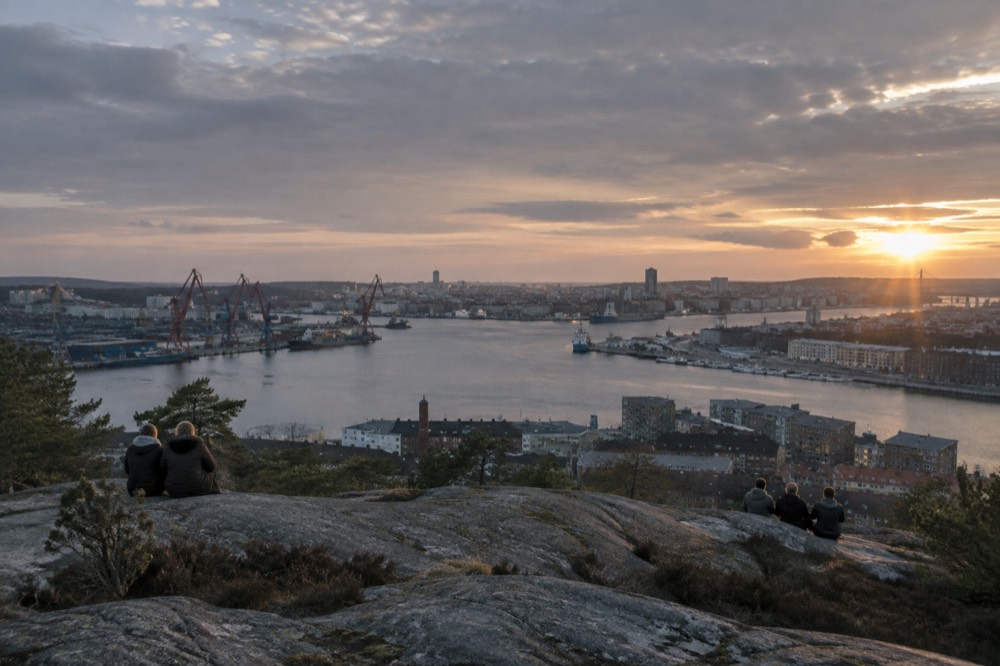 View from Ramberget over the Gothenburg skyline and river at sunset
