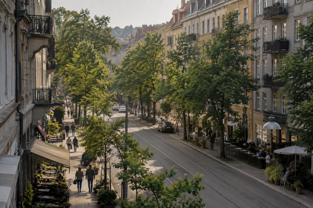 A tree-lined Gothenburg street with outdoor cafe tables and old stone buildings