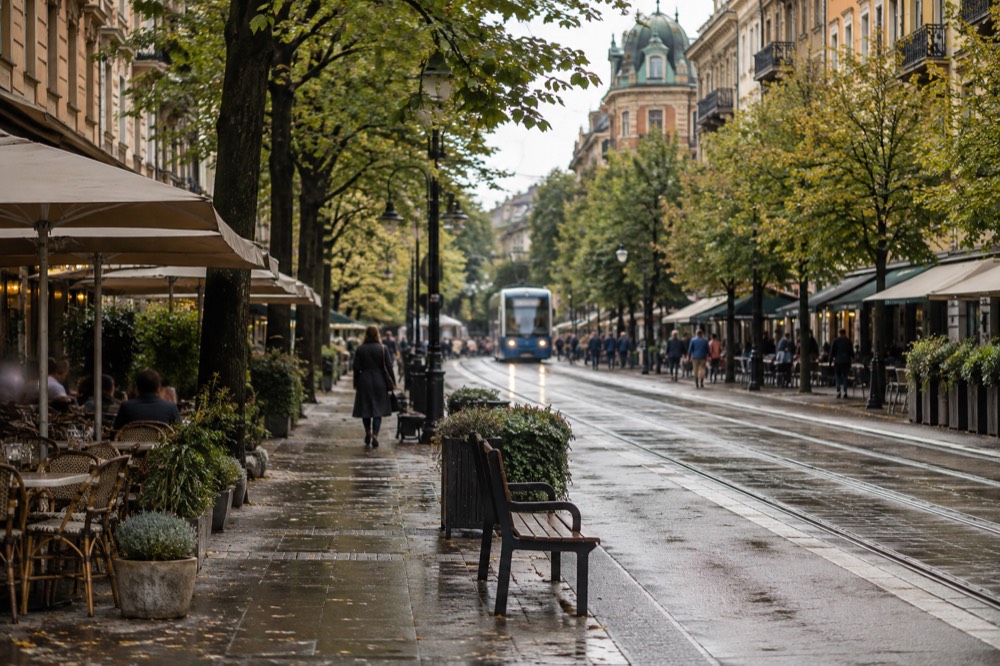 A wide pedestrian avenue in Gothenburg with benches and cafe awnings