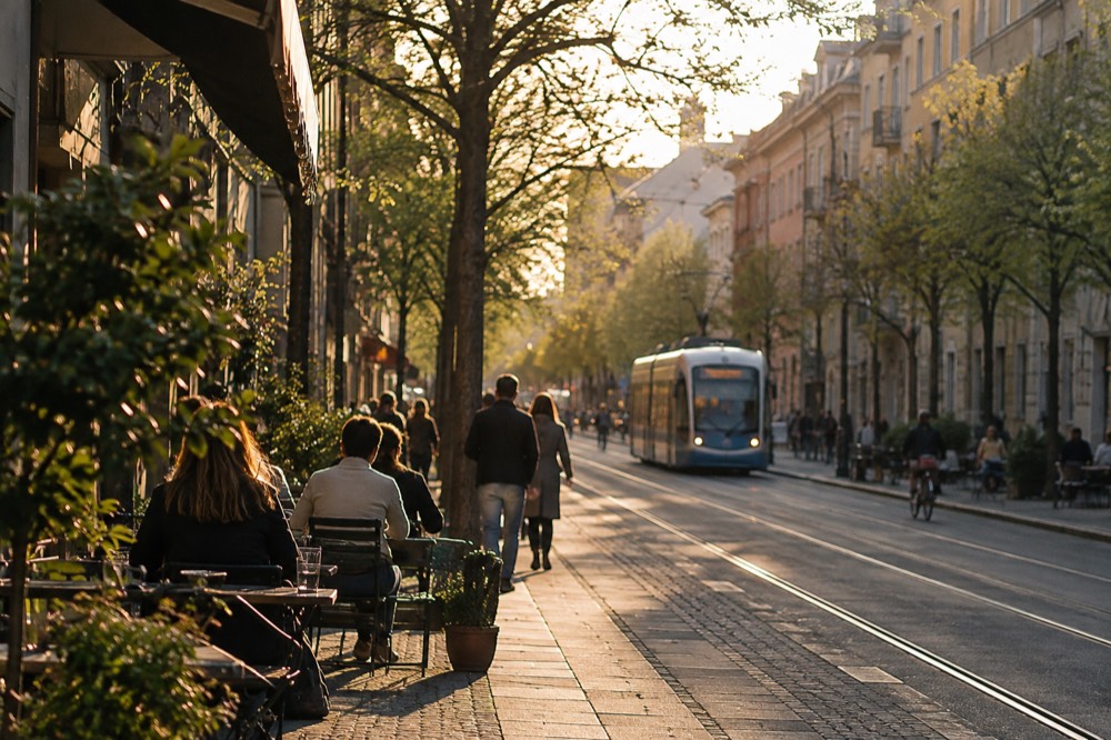 People sitting on park lawns in front of trees, with a city skyline beyond