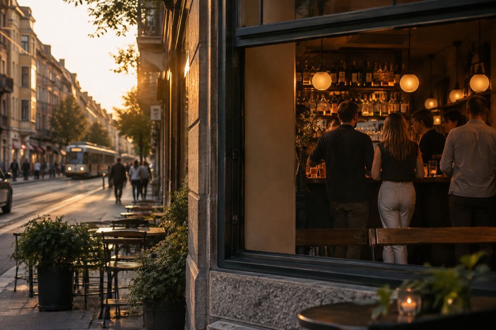 A bar interior with warm lighting and people standing at a counter