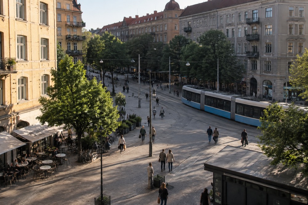 A city square with a tram passing and people walking in the evening