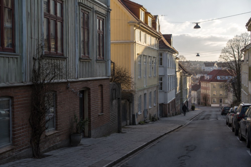 Painted wooden houses on a quiet Majorna street in Gothenburg