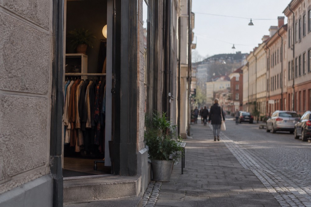 A vintage clothing rail seen through a shop doorway in Majorna