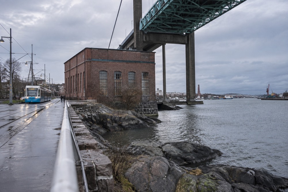 A Gothenburg tram on the riverside line near the western harbour