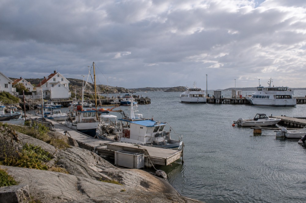 Fishing boats moored in a small harbour with white wooden houses behind