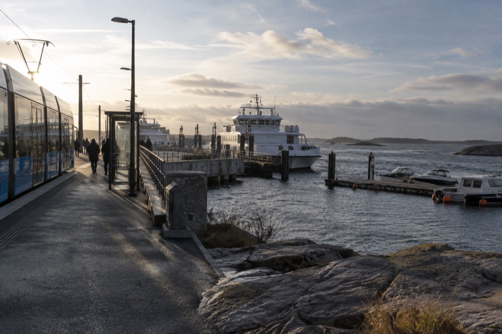 Gothenburg tram at the Saltholmen terminus beside the ferry pontoons