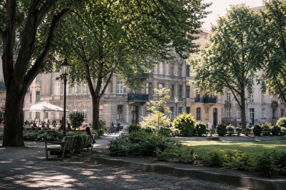 A leafy square in Vasastan with benches, trees and stone apartment blocks behind