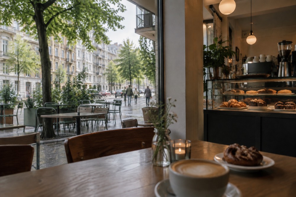 A café interior with wooden tables, pastries under a glass counter and a coffee machine