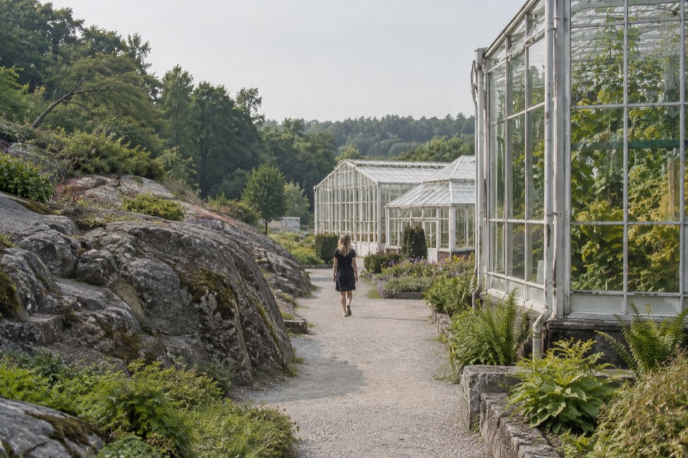 A glasshouse facade with lush green plants visible through the panes