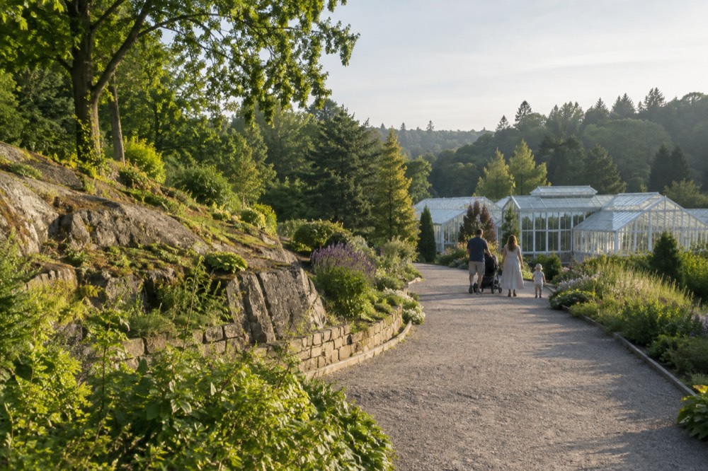 A family walking a wide garden path with a pram on a summer afternoon