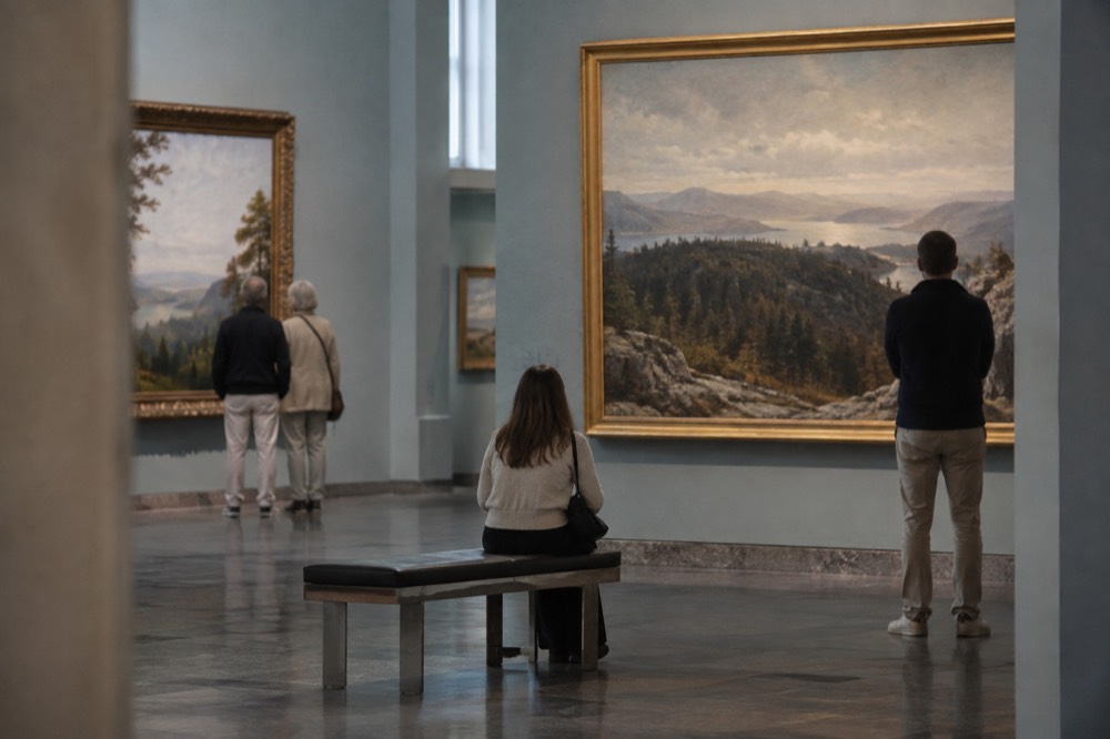 Visitors looking at large Nordic landscape paintings in a lit gallery hall