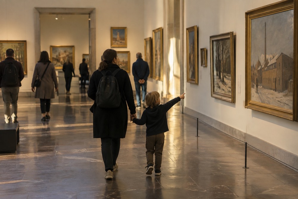 A family walking through a bright museum gallery with a child pointing at a painting