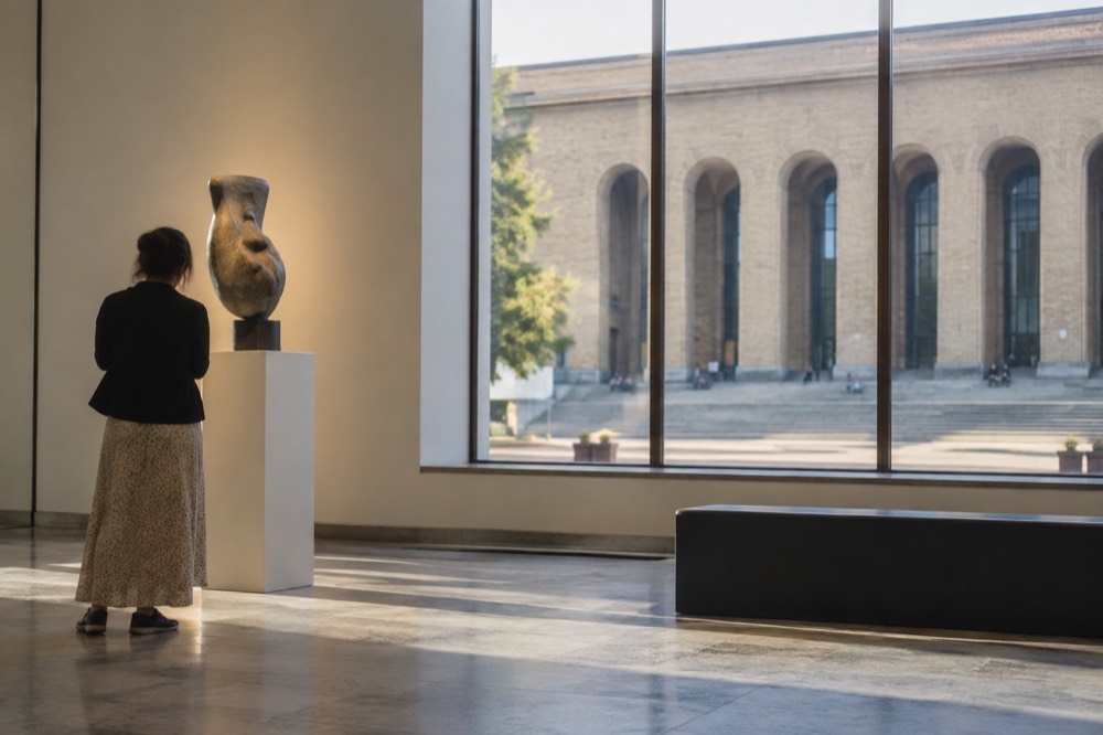 A museum visitor studying a sculpture display in a quiet gallery corner